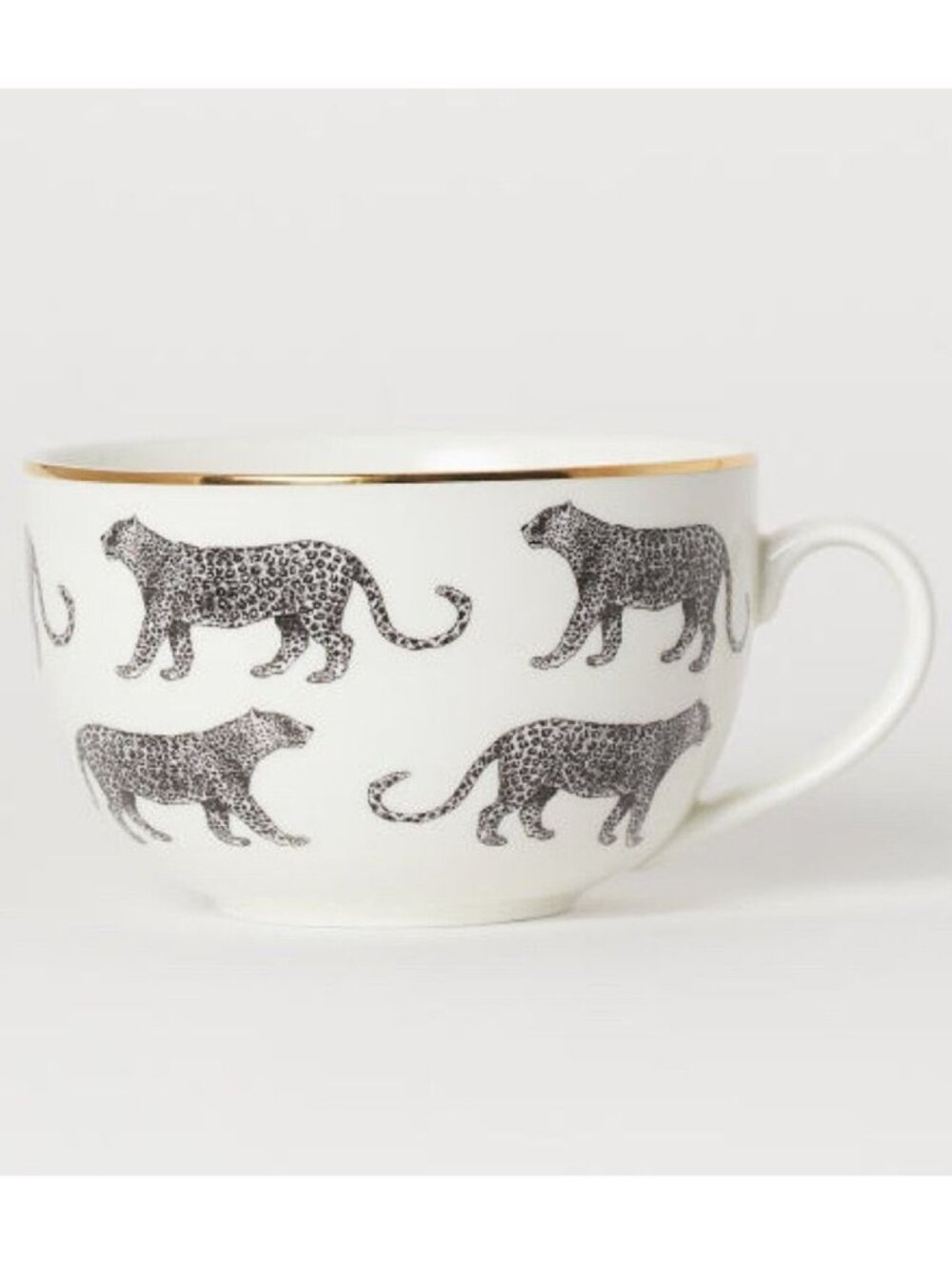 H & M Home Porcelain Leopard Print Extra Large Handled Cup Gold Rim 16 oz